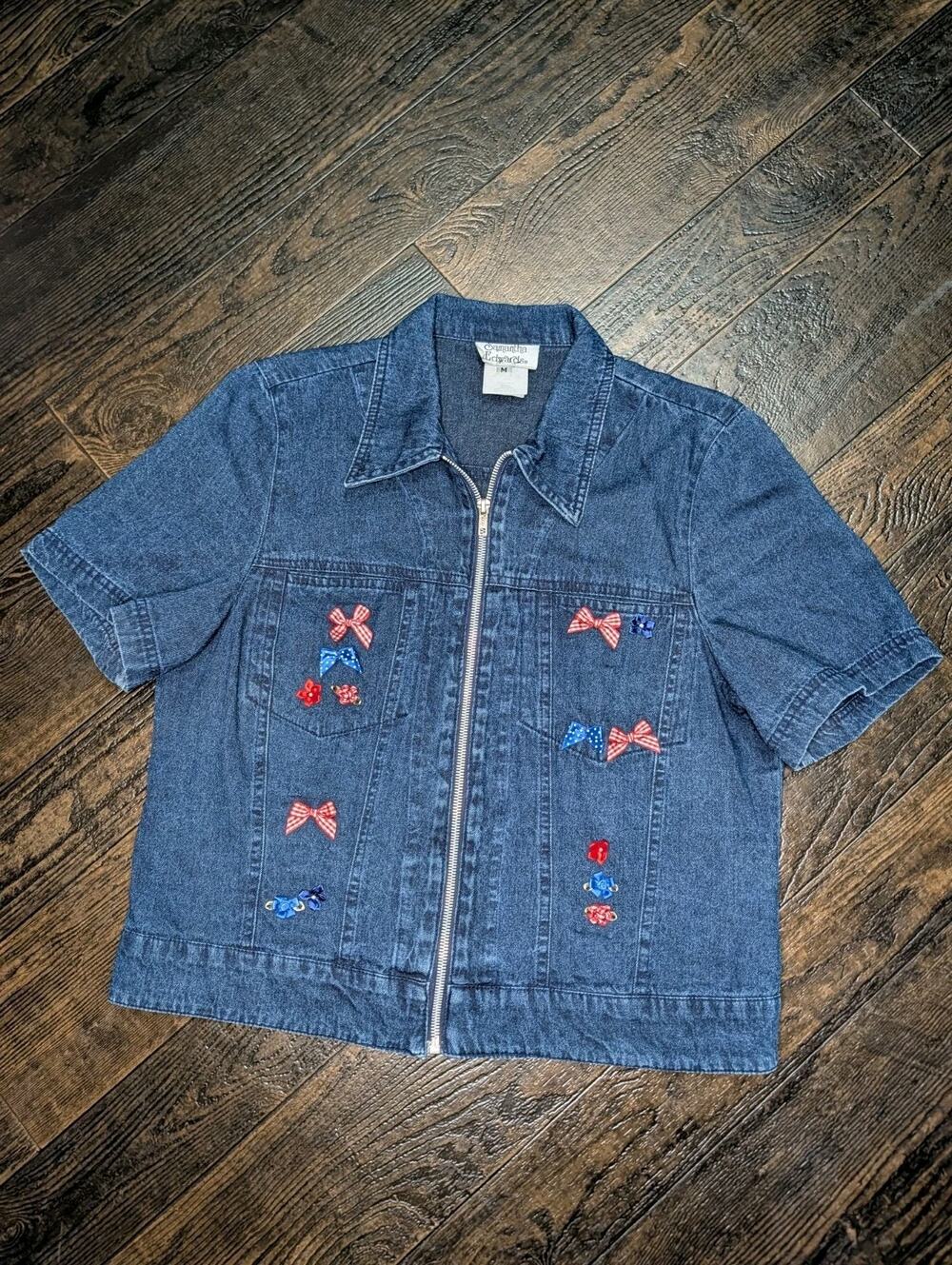 VTG Samantha Edwards Denim Shirt Jacket Womens Medium M Embroidered Bows Zip Up